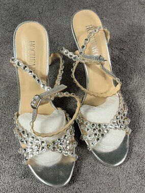 HOCHFART Heels Shoes Womens Size 10 Silver Crystal Rhinestone Strappy Stiletto